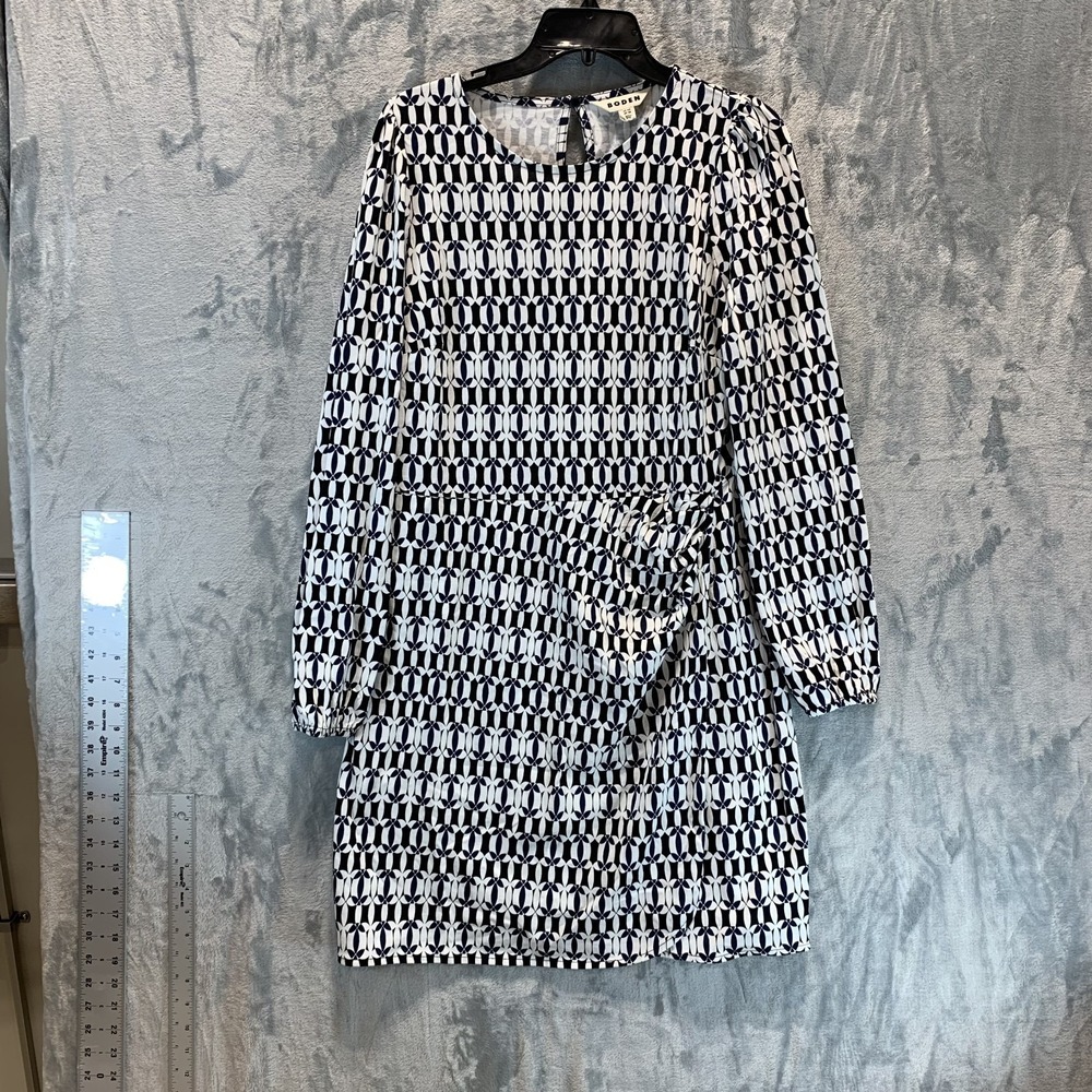 Boden Women's Dress 10R Long Sleeve Geometric‎ White Navy Blue Wrap Effect Shift
